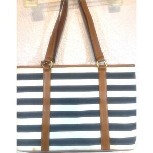 Michael Kors Shoulder Bag Tote Purse Striped‎ Navy White Tan Leather Nautical